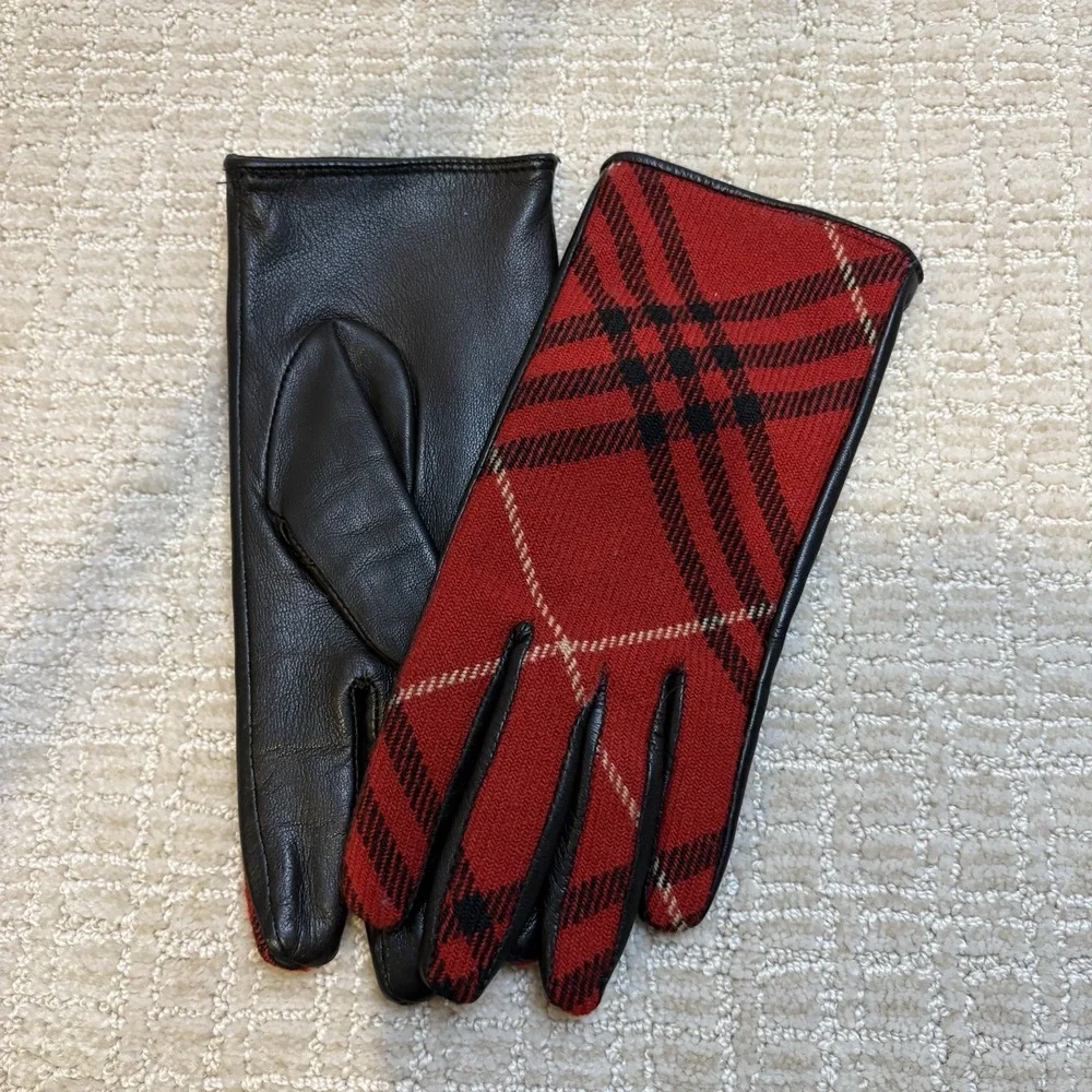 Burberry London Plaid Wool Leather Gloves Womens 7.5 Red Black Good Mixed Media‎